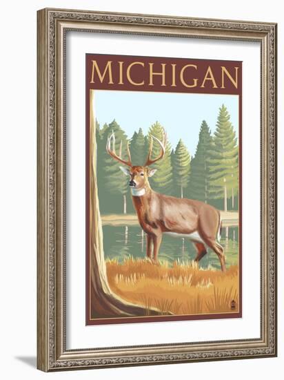 Michigan - White Tailed Deer-Lantern Press-Framed Art Print