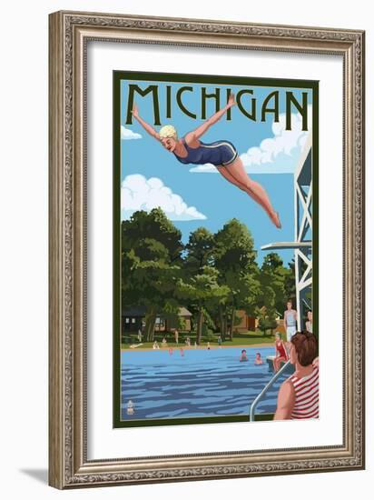 Michigan - Woman Diving and Lake-Lantern Press-Framed Art Print