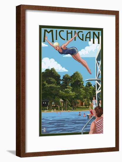 Michigan - Woman Diving and Lake-Lantern Press-Framed Art Print