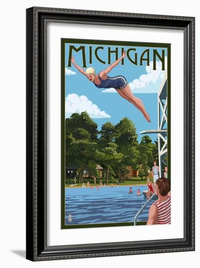 Michigan - Woman Diving and Lake-Lantern Press-Framed Art Print