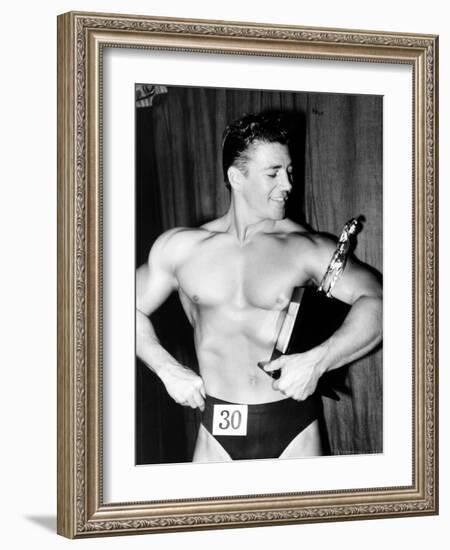 Mickey Hargitay, Who Has Just Won the Amateur Mr. Universe Contest in London, 1955-null-Framed Premium Photographic Print