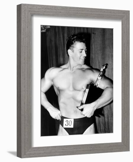 Mickey Hargitay, Who Has Just Won the Amateur Mr. Universe Contest in London, 1955-null-Framed Premium Photographic Print