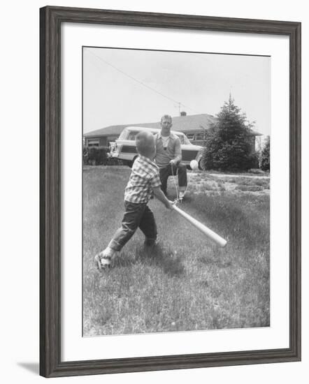 Mickey Mantle's Son Batting at Ball Pitched by Him-Ralph Morse-Framed Premium Photographic Print