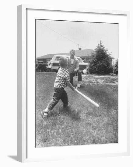 Mickey Mantle's Son Batting at Ball Pitched by Him-Ralph Morse-Framed Premium Photographic Print