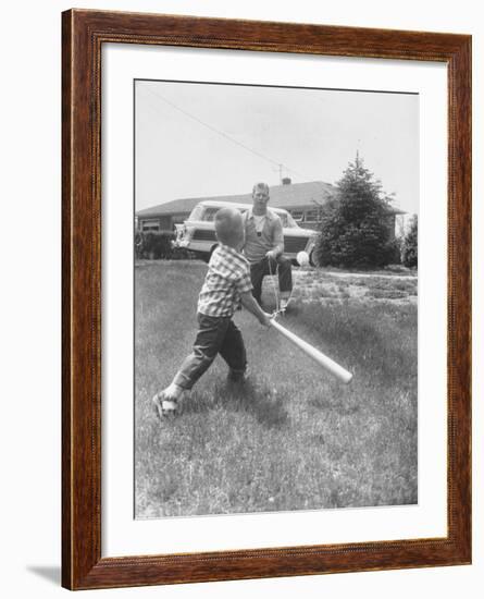 Mickey Mantle's Son Batting at Ball Pitched by Him-Ralph Morse-Framed Premium Photographic Print