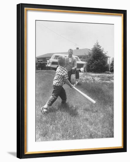 Mickey Mantle's Son Batting at Ball Pitched by Him-Ralph Morse-Framed Premium Photographic Print