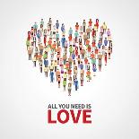 Happy People Community, Adult Persons Crowd in Heart Shape. All You Need is Love Vector Poster. Cro-MicroOne-Art Print