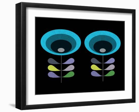 Mid Century Blue Flowers on Black-Anita Nilsson-Framed Art Print