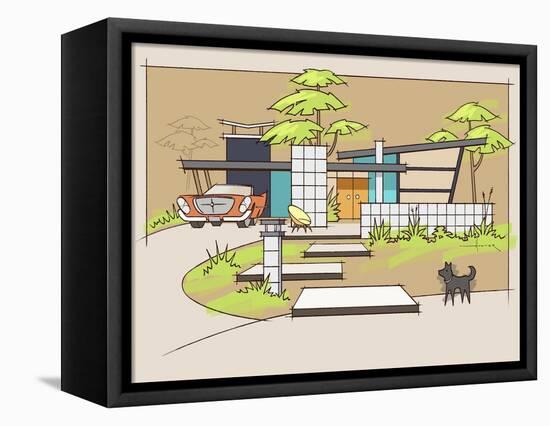 Mid-Century House #1 Chrysler Black Dog-Larry Hunter-Framed Premier Image Canvas