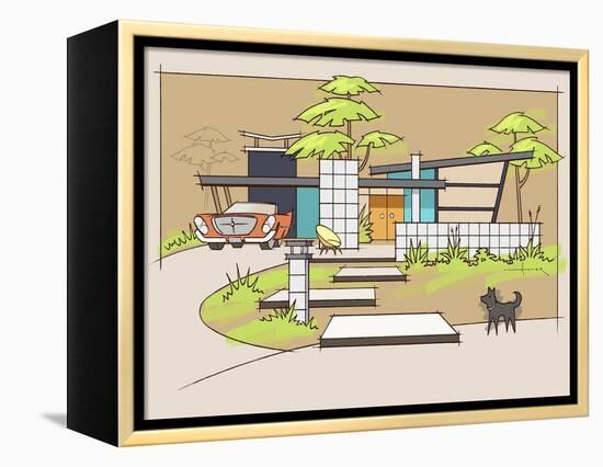 Mid-Century House #1 Chrysler Black Dog-Larry Hunter-Framed Premier Image Canvas