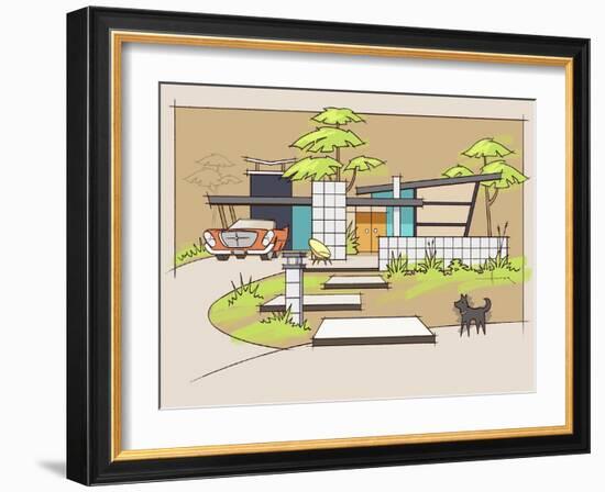 Mid-Century House #1 Chrysler Black Dog-Larry Hunter-Framed Giclee Print