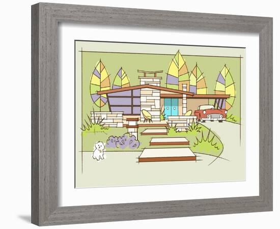 Mid-Century House #2 T-Bird White Dog-Larry Hunter-Framed Giclee Print