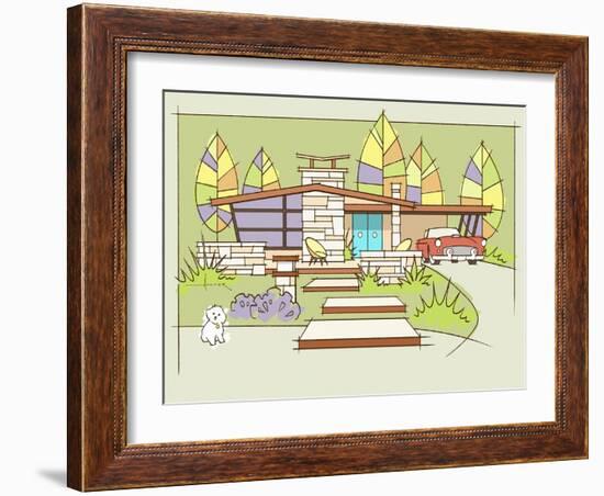 Mid-Century House #2 T-Bird White Dog-Larry Hunter-Framed Giclee Print