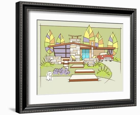 Mid-Century House #2 T-Bird White Dog-Larry Hunter-Framed Giclee Print