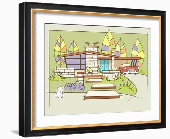 Mid-Century House #2 T-Bird White Dog-Larry Hunter-Framed Giclee Print