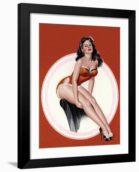 Mid-Century Pin-Ups - Eyeful Magazine - Brunette in a Red Bathing suit-Peter Driben-Framed Art Print