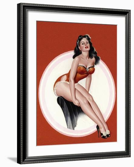 Mid-Century Pin-Ups - Eyeful Magazine - Brunette in a Red Bathing suit-Peter Driben-Framed Art Print