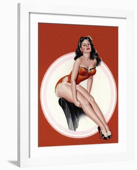 Mid-Century Pin-Ups - Eyeful Magazine - Brunette in a Red Bathing suit-Peter Driben-Framed Art Print