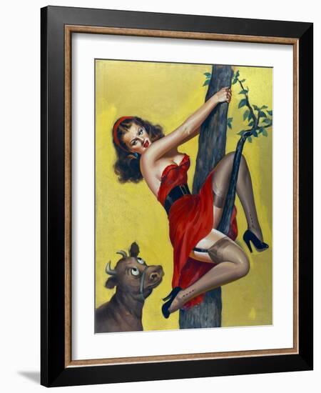 Mid-Century Pin-Ups - Moo - Up a tree-Peter Driben-Framed Art Print