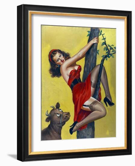 Mid-Century Pin-Ups - Moo - Up a tree-Peter Driben-Framed Art Print