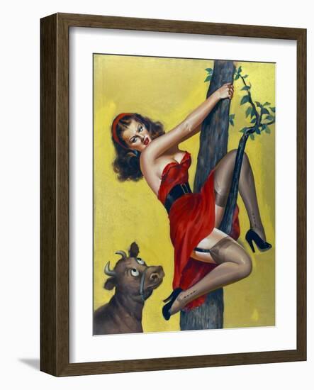 Mid-Century Pin-Ups - Moo - Up a tree-Peter Driben-Framed Art Print