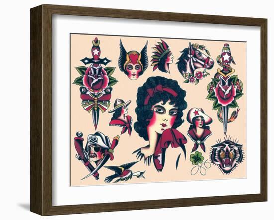 Mid-Century Tattoo Flash-null-Framed Art Print