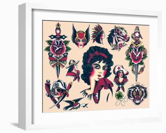 Mid-Century Tattoo Flash-null-Framed Art Print