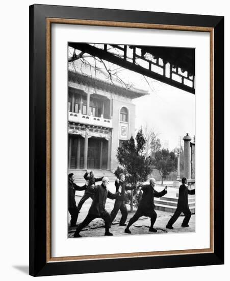 Middle-Aged Chinese Men Practice T'ai Chi in Hopei Province, Communist China, Jan 1962-null-Framed Photo