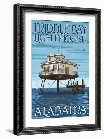 Middle Bay Lighthouse - Alabama-Lantern Press-Framed Art Print