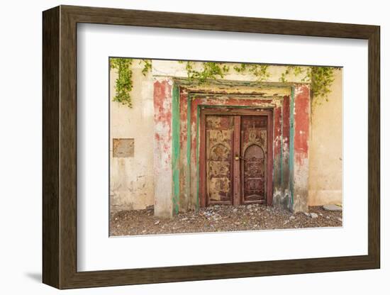 Middle East, Arabian Peninsula, Al Batinah South. Old carved wooden door on a building in Oman.-Emily Wilson-Framed Photographic Print