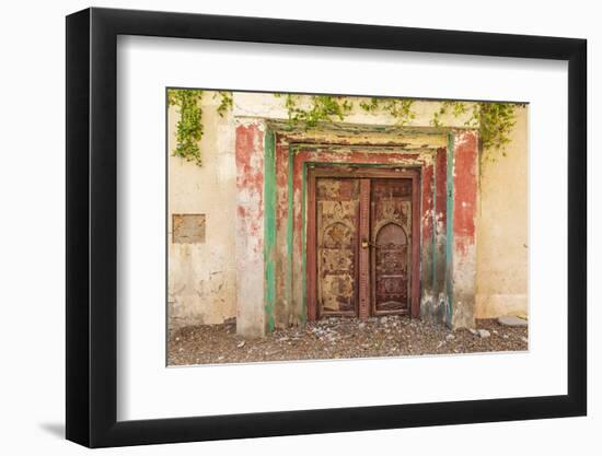 Middle East, Arabian Peninsula, Al Batinah South. Old carved wooden door on a building in Oman.-Emily Wilson-Framed Photographic Print