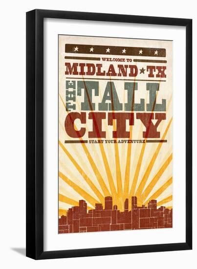 Midland, Texas - Skyline and Sunburst Screenprint Style-Lantern Press-Framed Art Print
