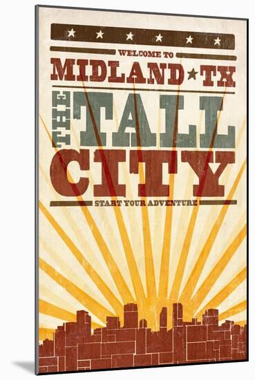 Midland, Texas - Skyline and Sunburst Screenprint Style-Lantern Press-Mounted Art Print