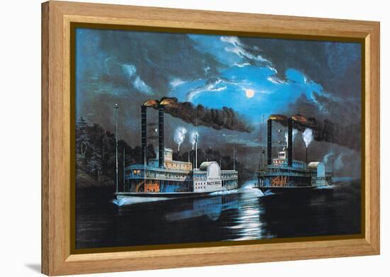 Midnight Race-Currier & Ives-Framed Stretched Canvas
