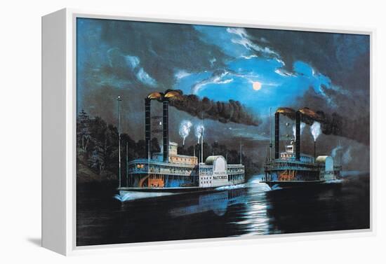 Midnight Race-Currier & Ives-Framed Stretched Canvas