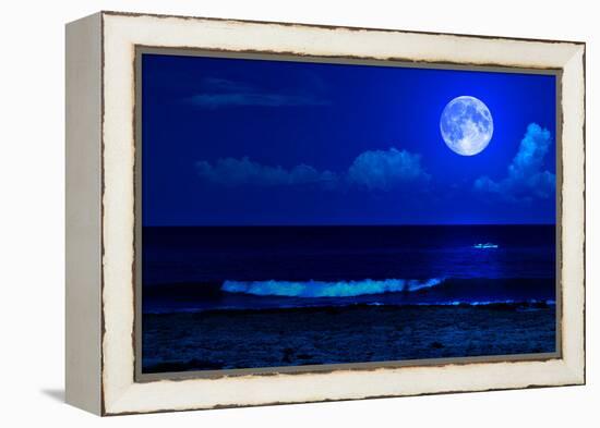 Midnight Sea Landscape with a Full Moon and Waves Breaking on the Beach-Kamira-Framed Premier Image Canvas