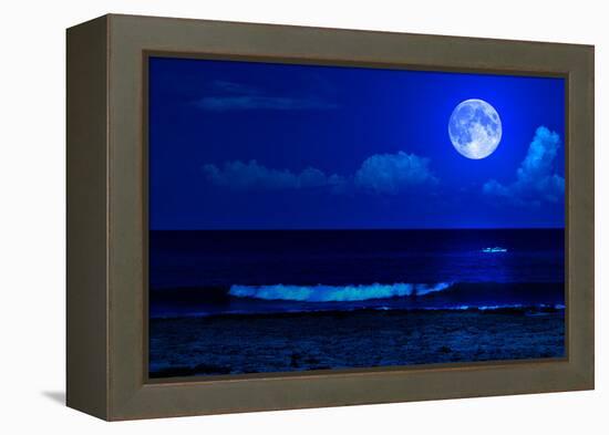 Midnight Sea Landscape with a Full Moon and Waves Breaking on the Beach-Kamira-Framed Premier Image Canvas