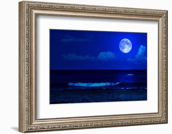 Midnight Sea Landscape with a Full Moon and Waves Breaking on the Beach-Kamira-Framed Photographic Print