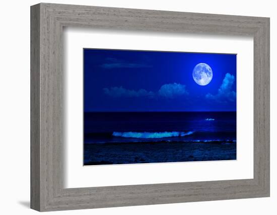 Midnight Sea Landscape with a Full Moon and Waves Breaking on the Beach-Kamira-Framed Photographic Print