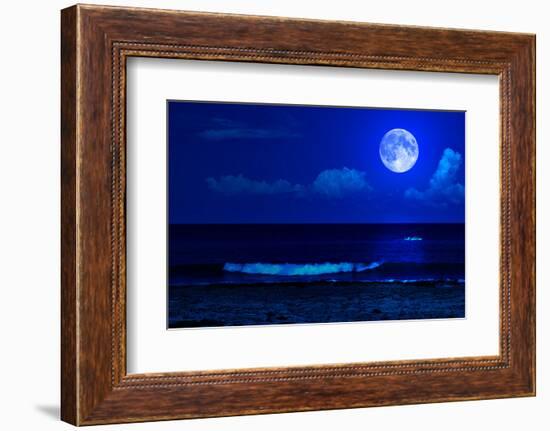 Midnight Sea Landscape with a Full Moon and Waves Breaking on the Beach-Kamira-Framed Photographic Print