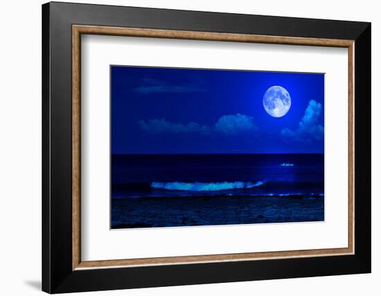 Midnight Sea Landscape with a Full Moon and Waves Breaking on the Beach-Kamira-Framed Photographic Print