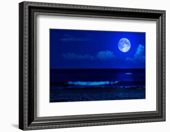 Midnight Sea Landscape with a Full Moon and Waves Breaking on the Beach-Kamira-Framed Photographic Print