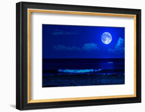 Midnight Sea Landscape with a Full Moon and Waves Breaking on the Beach-Kamira-Framed Photographic Print