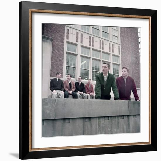 Midwest College Men's Fashion: Zipper Jackets Worn over Button Down Shirts with Sweater Vests, 1954-Nina Leen-Framed Photographic Print