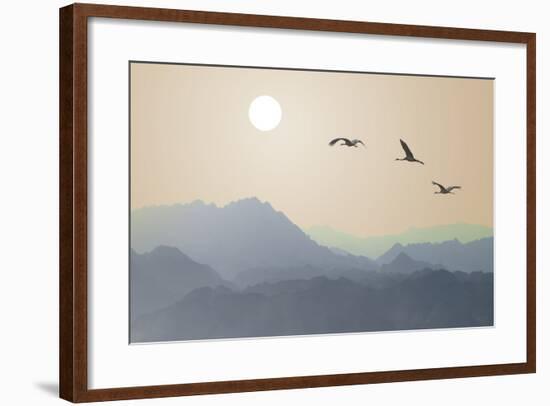 Migrating Cranes to the Sun over the Mountains-Protasov AN-Framed Photographic Print