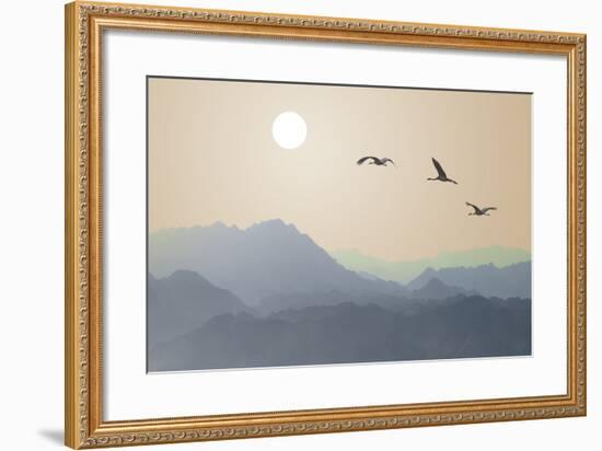 Migrating Cranes to the Sun over the Mountains-Protasov AN-Framed Photographic Print