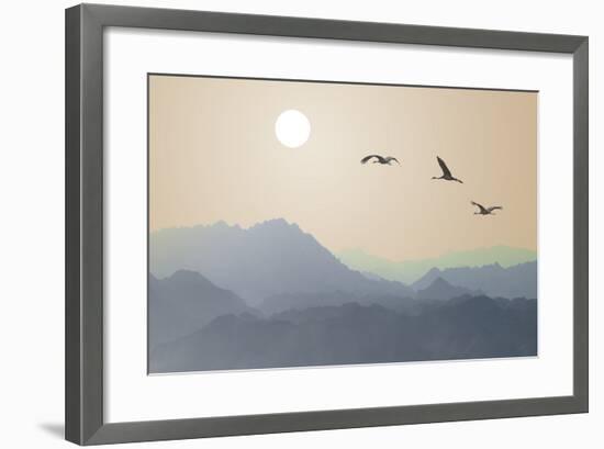 Migrating Cranes to the Sun over the Mountains-Protasov AN-Framed Photographic Print