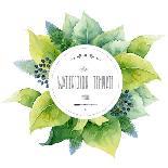 Round Watercolor Template with Green Leaves and Circular Place for Text. Vector Illustration-mika48-Art Print