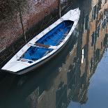 Venice Sense of Place. Blue and White Boat on Canal-Mike Burton-Photographic Print