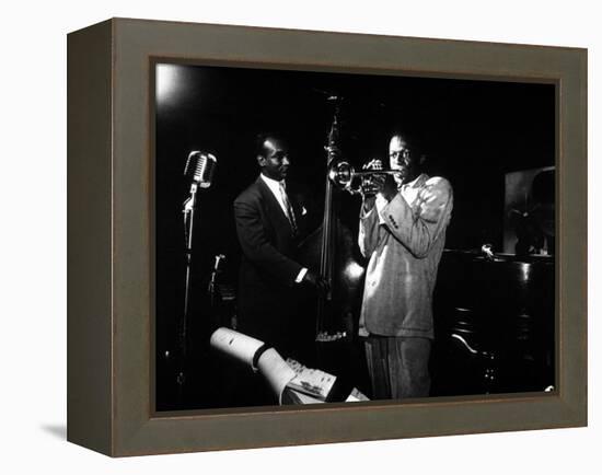 Miles Davis (C) with Oscar Pettiford and Bud Powell, Birdland, 1949-null-Framed Stretched Canvas